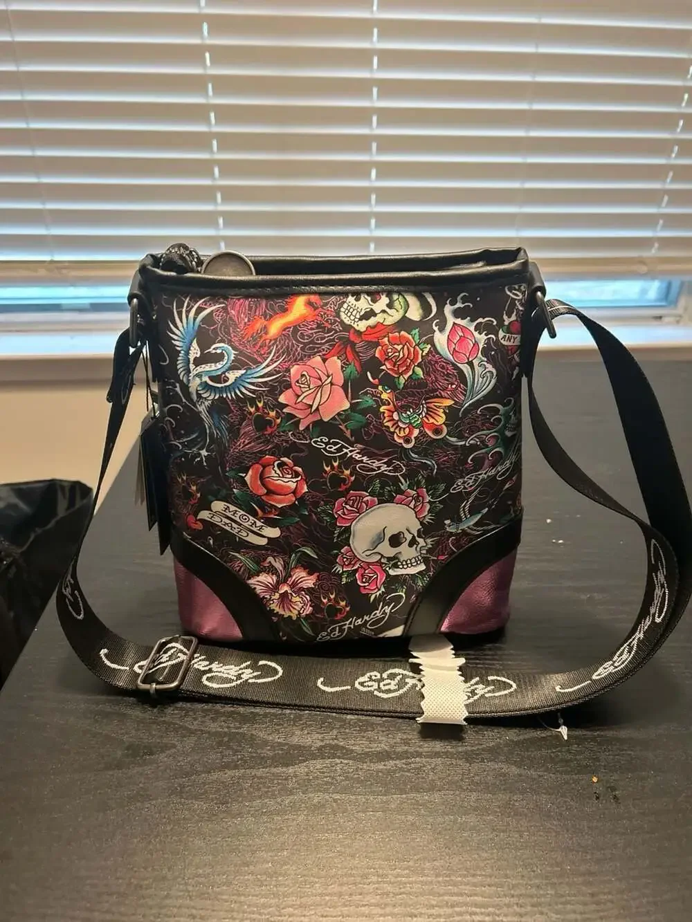 Ed Hardy Tattoo Print Skull & Roses Crossbody Bag with Rhinestone Detail - Picture 6 of 7
